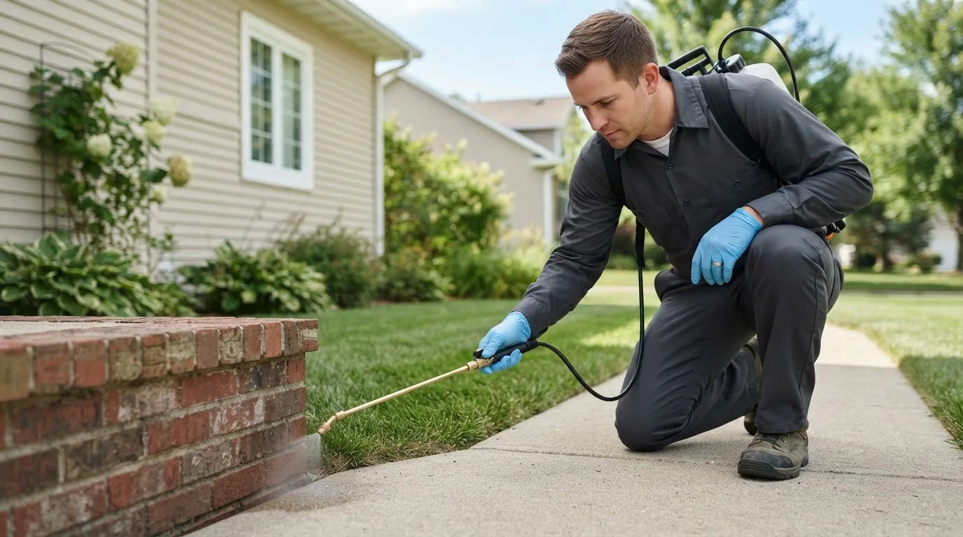 Pest control technician treating a home near Iola, WI