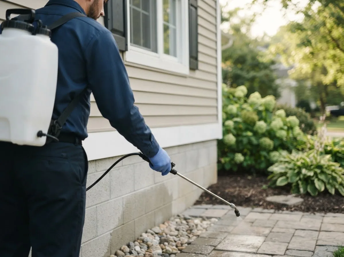 Pest control technician inspecting a home in Iola, WI